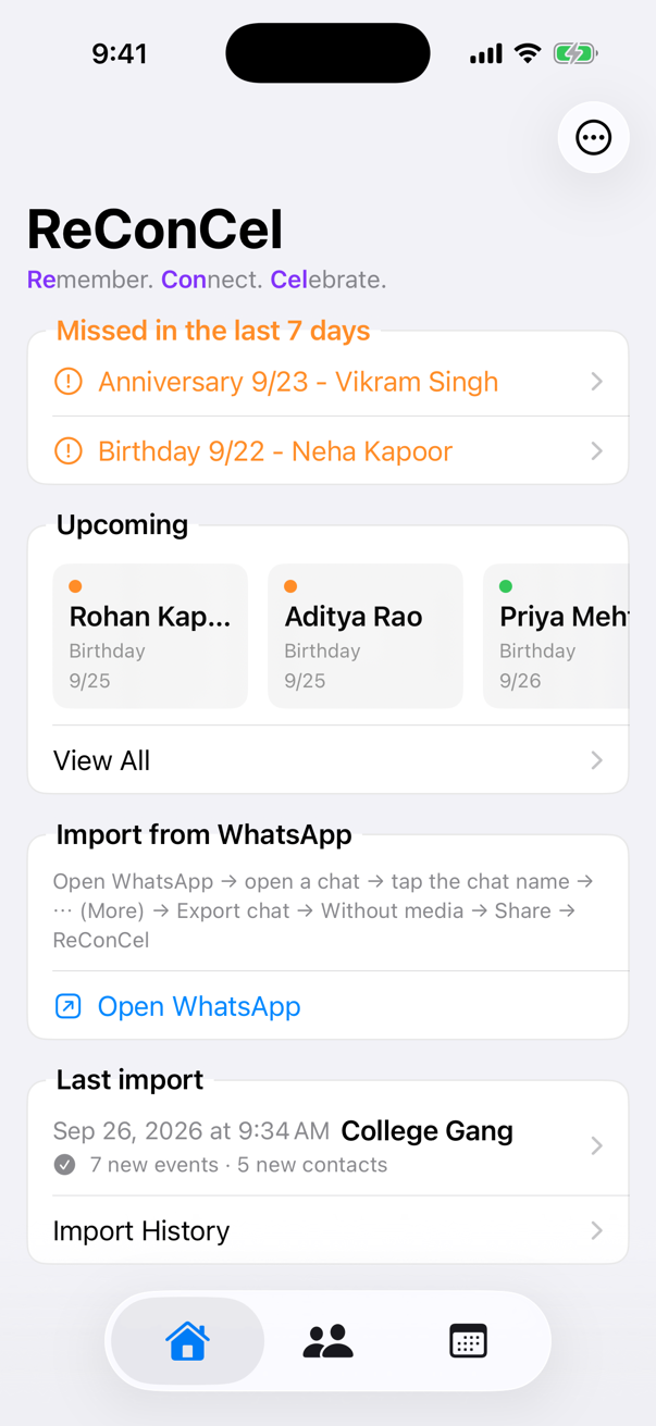 Home screen showing missed and upcoming birthdays and anniversaries